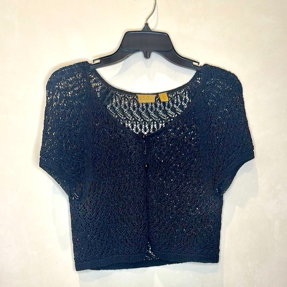 Caslon Sheer Black Crochet Blouse. Romantic lay style cropped top with bottons.